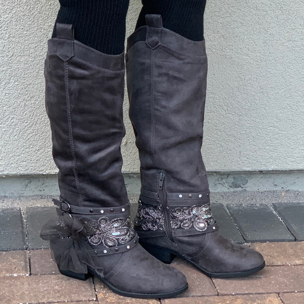 Boho Charcoal Grey Distressed Knee High Boots - Picture 2 of 8